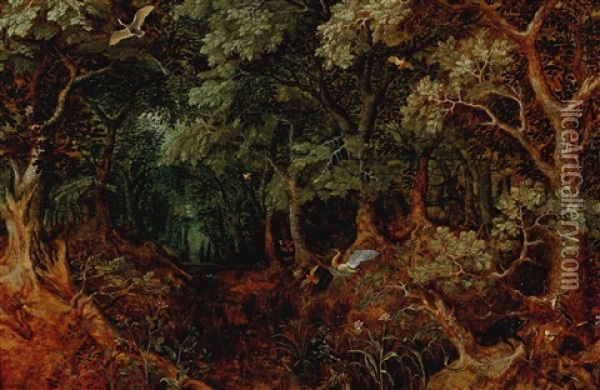 A Forest Landscape With Huntsmen And Animals Oil Painting - Gillis Van Coninxloo III