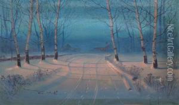 Snowy Road Oil Painting - Svend Rasmussen Svendsen
