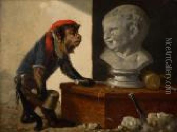 Le Singe Dusculpteur Oil Painting - Vincent de Vos