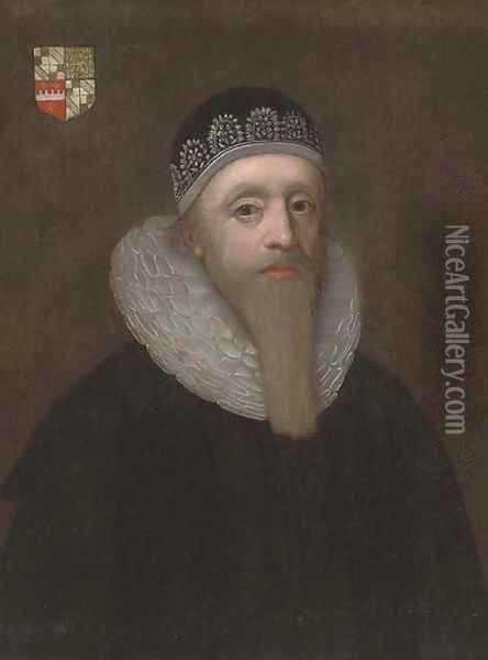 Portrait of a gentleman, half-length, in a black robe and white ruff Oil Painting - Johnson, Cornelius I
