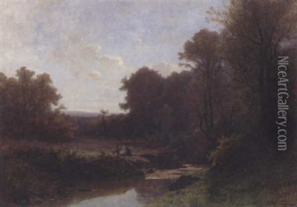 Landschaft Mit Vater Und Sohn Ein Feuer Machend Oil Painting - Gustave Eugene Castan