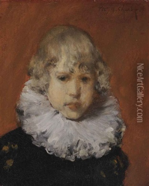Young Boy With White Ruffled Collar Oil Painting - William Merritt Chase