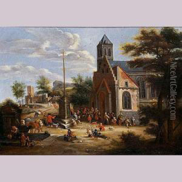 Campesinos A La Puerta De Una Iglesia Oil Painting - Mattijs Schoevaerdts