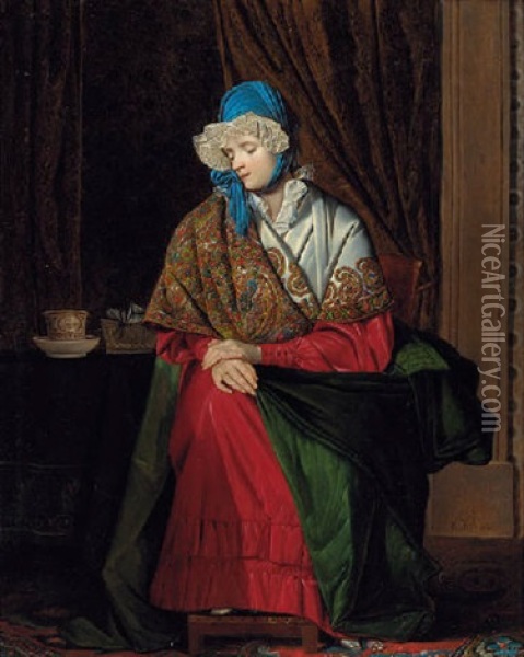 Portrait Of A Lady Seated In An Interior Wearing A Paisley Shawl Oil Painting - Francois Celestin