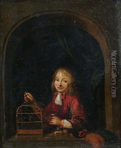 A Young Boy With Bird Cage At A Niche Oil Painting - Willem van Mieris