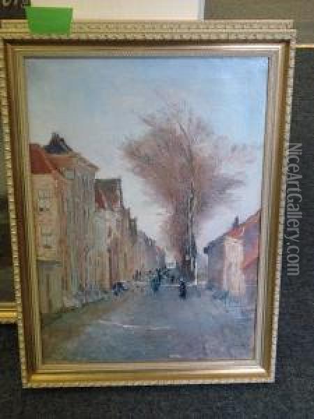 Autumnal Street Scene Oil Painting - Lucien Frank