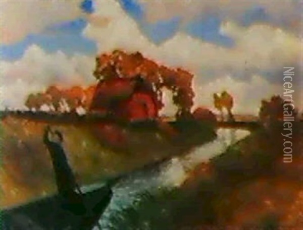 Moorkanal Mit Torfschiffer Oil Painting - Otto Modersohn