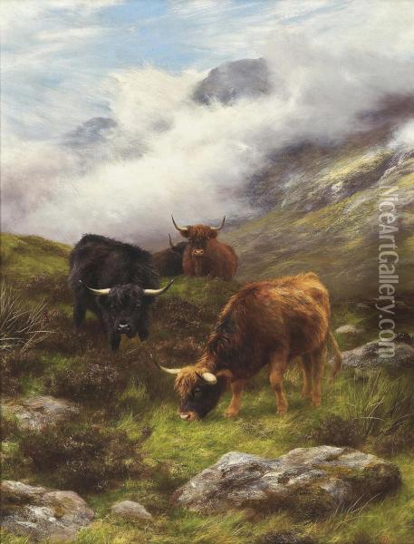 Highland Cattle Grazing On A Mist Covered Hillside Oil Painting - Peter Graham