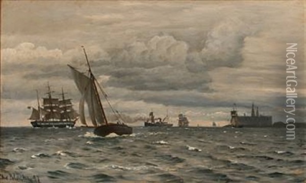Coastal Scene From Elsinor Castle With Sailing Ships On The Sea Oil Painting - Christian Blache