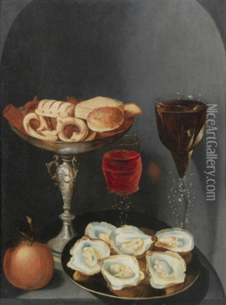 Oysters On A Pewter Dish With Two Glasses Of Wine, An Orange And A Silver Tazza Of Sweetmeats In A Stone Niche Oil Painting - Osias Beert the Elder