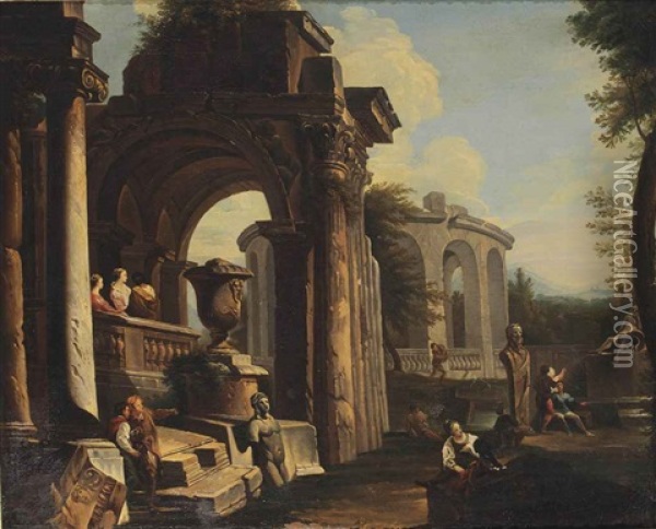 An Architectural Capriccio With Figures Amongst Classical Ruins Oil Painting - Giovanni Paolo Panini