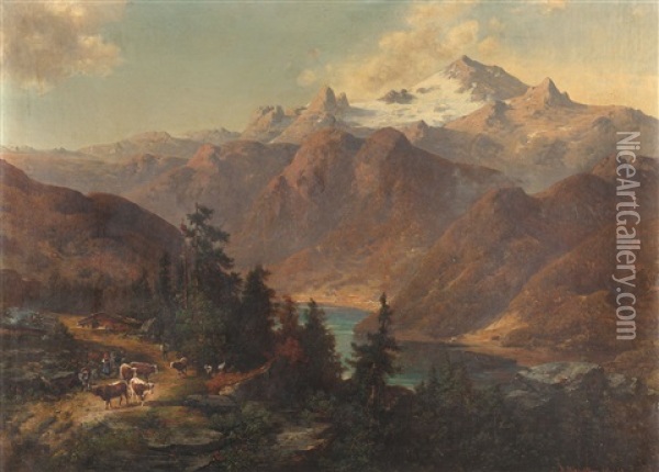 Blick Auf Den Gosausee Und Das Dachsteinmassiv Oil Painting - Adolf Obermuellner