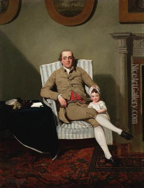 Double Portrait Of Robert 
Grimston Of Neswick, Yorkshire,full-length, Seated, In A Buff Coat And 
Breeches And His Eldestdaughter Lucy, Later Lady Wilmot, In An Interior Oil Painting - Francis Wheatley