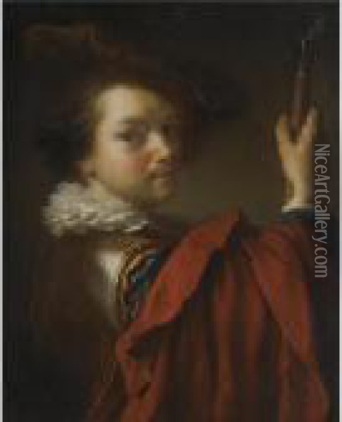 Portrait Of A Gentleman, Half Length, Wearing A Cuirasse, A Hat And A Red Cape Oil Painting - Jean-Alexis Grimou
