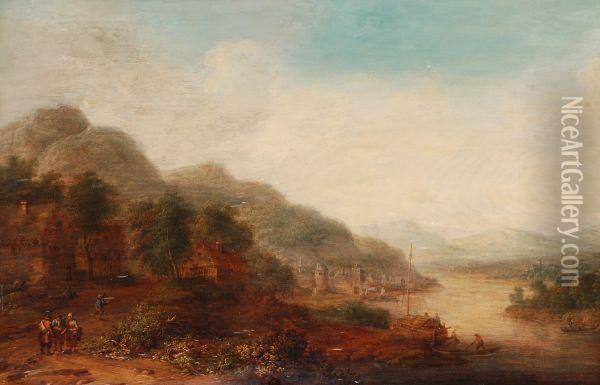 A Panoramic Landscape With Figures Byan Estuary Oil Painting - Johann Christian Vollerdt or Vollaert