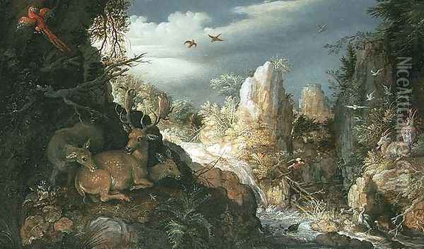 Mountain Landscape with deer Oil Painting - Roelandt Jacobsz Savery