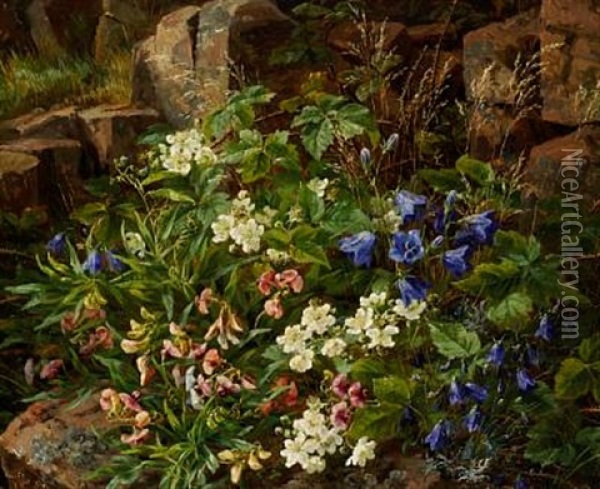 Harebell, Peaflower And Blackberry Runners On The Forest Floor Oil Painting - Anthonie Eleonore (Anthonore) Christensen