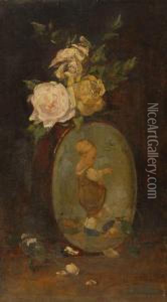 Floral Still Life With Roses And A Portrait Vase Oil Painting - Emil Carlsen