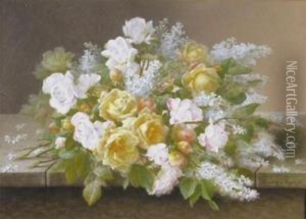 Still Life Of Yellow And White Roses With White Lilac Oil Painting - Raoul Maucherat de Longpre