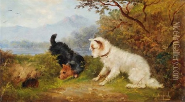 Zwei Terrier Vor Dem Fuchsbau Oil Painting - Edward Armfield