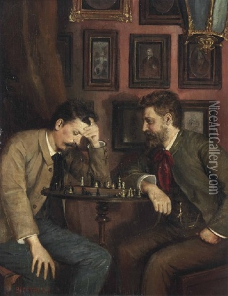 A Game Of Chess, Thought To Be The Brothers Bitterlich Oil Painting - Eduard Bitterlich