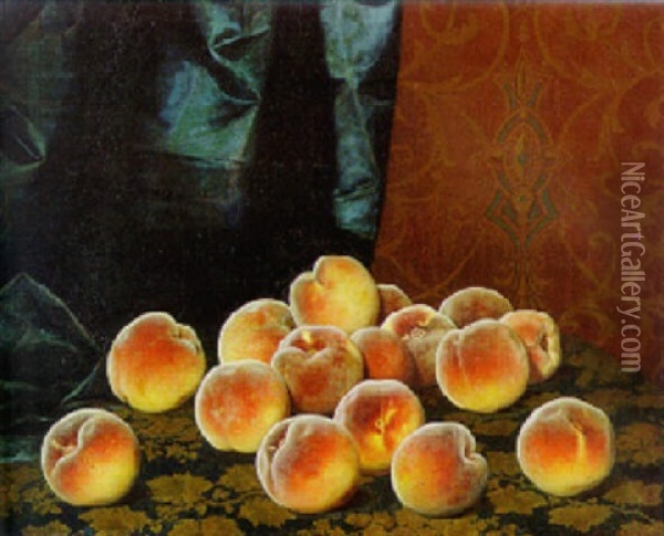 Still Life Of Peaches On Tapestry Oil Painting - William Mason Brown