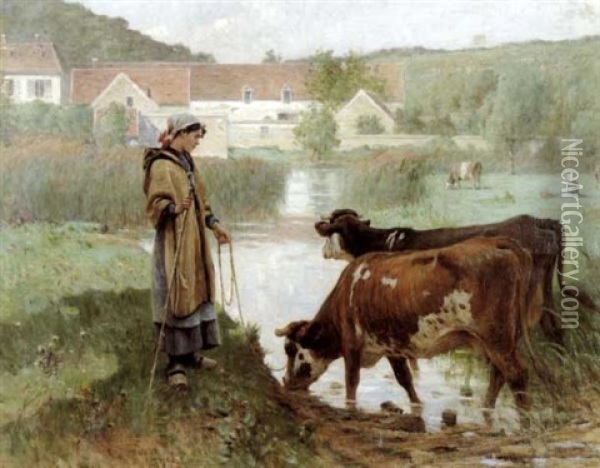 Paysanne Aux Vaches Et A La Mare Oil Painting - Adrien Moreau