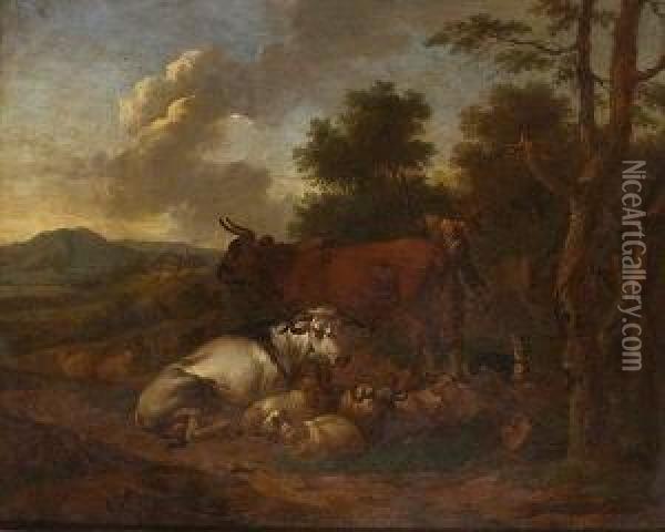Hirte Mit Kuhen Und Schafen In
 Bergiger Landschaft. Oil Painting - Willem Romeyn