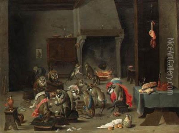 A Tavern Interior With Monkeys Playing Cards And Backgammon Oil Painting - David The Younger Teniers