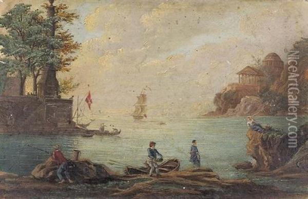 In Der Art
Abendliche Hafenpartie Mit Fischern. Oil Painting - Claude-joseph Vernet