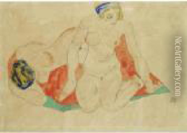 Liegende Und Sitzende Weibliche 
Akte Auf Rot-grunem Tuch (recliningand Seated Female Nudes On A Red And 
Green Cloth) Oil Painting - Egon Schiele