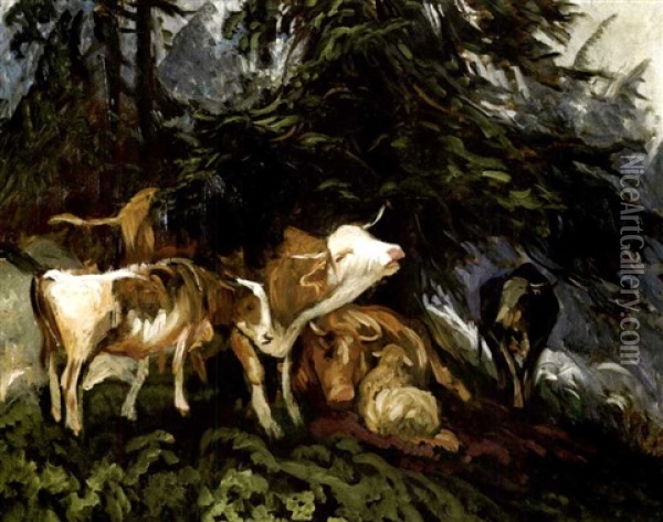 Drei Kuhe Und Schafe Unter Einer Bergtanne Oil Painting - Johann Rudolf Koller