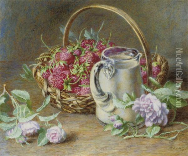 Still Life Of A Basket Of Strawberries And A Jug Of Cream Oil Painting - Jabez Bligh