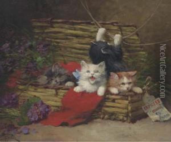 Four Kittens In A Basket Oil Painting - Leon Charles Huber