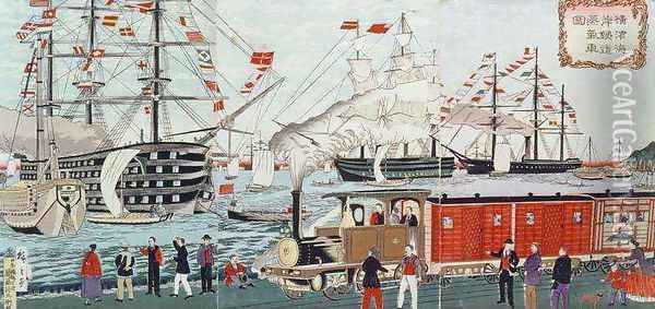 Commodore Perrys Gift of a Railway to the Japanese Oil Painting - Utagawa or Ando Hiroshige