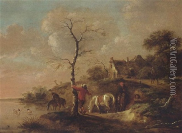 A Wooded Landscape With Travellers Watering Their Horses, Figures Swimming And A Horseman On A Path Near A Farm Oil Painting - Nicolaes Molenaer