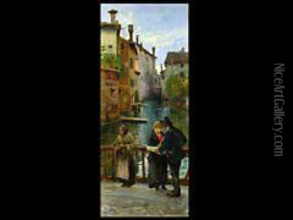 Die Bettlerin Und Der Bauchladenverkaufer Oil Painting - Angelo Dall'Oca Bianca