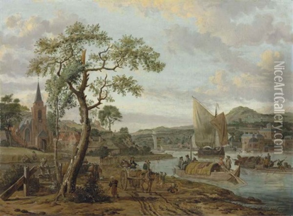 A Village River Landscape With Boats On The Water Oil Painting - Abraham Jansz. Storck