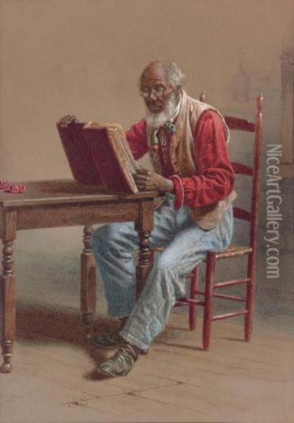 A Seated Man Reading; A Seated Man With A Saw: Two Works Oil Painting - Thomas Waterman Wood