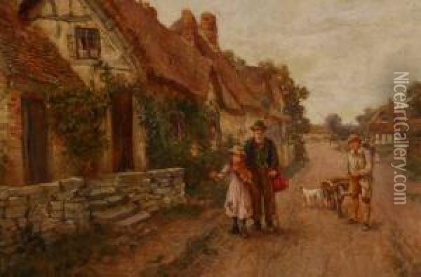Figures Near Rural Cottages Oil Painting - James Townshend