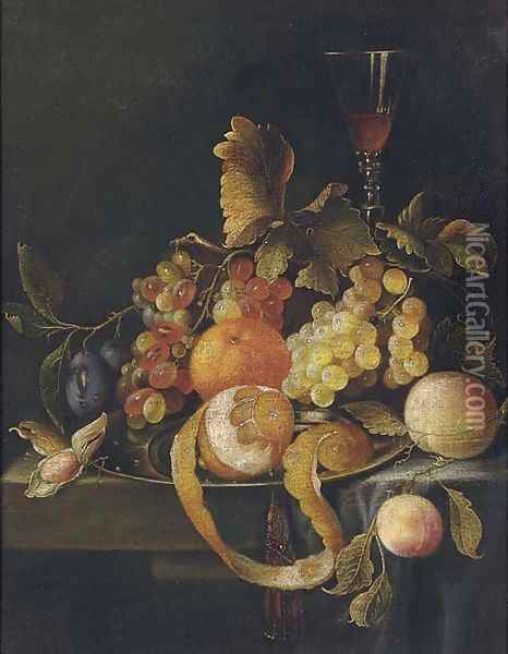 Still life of oranges, grapes, peaches, plums and a glass of wine on a stone ledge Oil Painting - William Sartorius