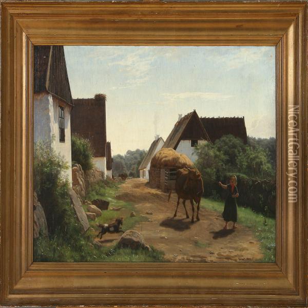 Village Street With A Girl And A Bull Oil Painting - Johan Didrik Frisch