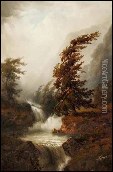 Mountain And Waterfall Oil Painting - Alexander Francois Loemans