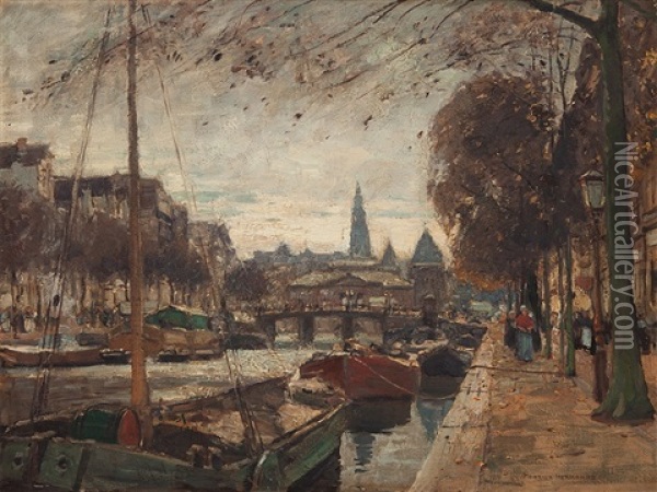 Amsterdam Gracht Oil Painting - Heinrich Hermanns