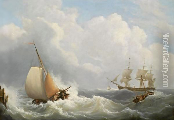Sailing Vessels Off The Coast Oil Painting - Martinus Schouman