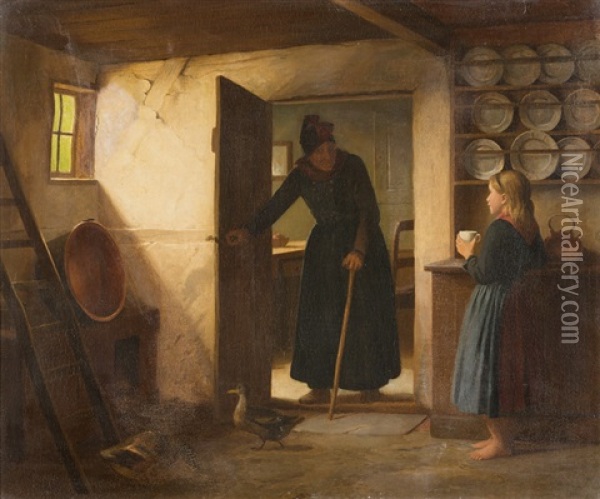 Grossmutter Mit Kind Und Ente Oil Painting - Johann Julius Exner