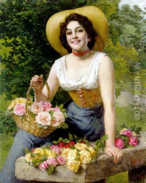 A Beauty Holding A Basket Of Roses Oil Painting - Gaetano Bellei