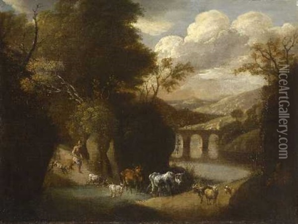 Hirte Mit Herde In Flusslandschaft Oil Painting - Jacques d' Arthois