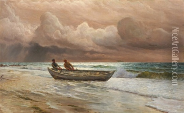 Seascape With Two Fishermen Pulling Their Boat Ashore Oil Painting - Holger Luebbers
