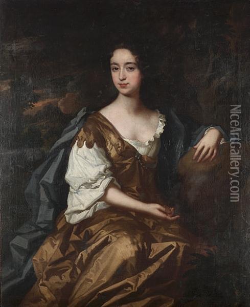 Portrait Of A Lady, Seated 
Three-quarter-length, In A Brown Dress With A Blue Wrap, In A Landscape Oil Painting - John Riley